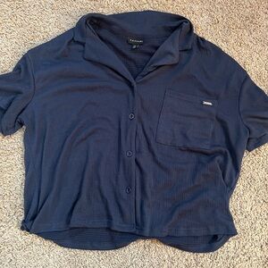 Tahari Navy Blue Textured Short Sleeve Top Size Small NWT